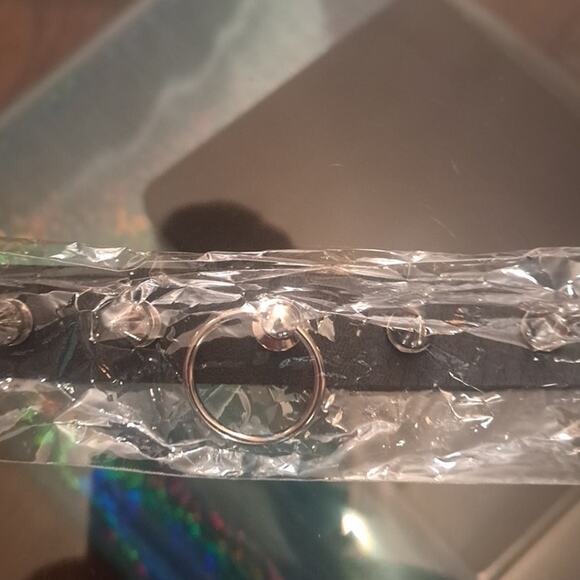 Punk Rocker Black Studded Spike Neck Choker Collar with Small Center Ring Detail - Picture 5 of 7